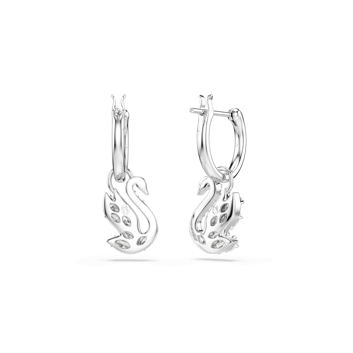 Sophisticated and classic, the Swarovski Swan drop earrings in white feature mixed-cut crystals and elegant swan-shaped pendants with openwork wings, all beautifully rhodium plated. Showcasing the signature Swarovski Swan motif against a simple white background, these exquisite earrings offer a luxurious statement for any occasion.