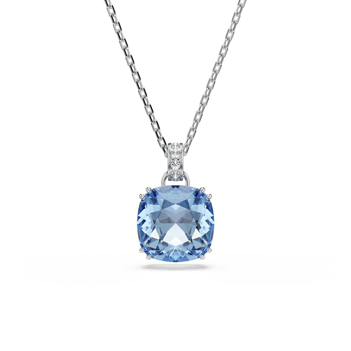 The Swarovski Millenia pendant features a cushion-cut blue Swarovski ReCreated crystal set in rhodium plating, accented with small clear stones on the bail and elegantly displayed on a plain white background—a timeless piece from the Millenia jewelry collection.