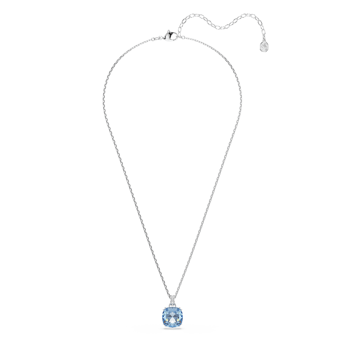 Discover the Swarovski Millenia pendant: a rhodium plated necklace featuring a cushion-cut blue Swarovski crystal, inspired by timeless elegance.