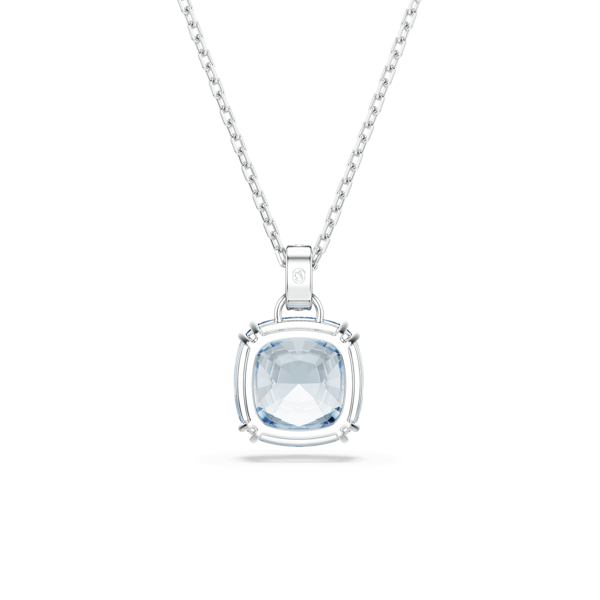 A rhodium-plated silver chain necklace by Swarovski, featuring the Millenia pendant with a cushion-cut blue Swarovski crystal set in a polished four-prong frame, displayed on a white background. This elegant accessory reflects the refined style of Millenia jewelry.