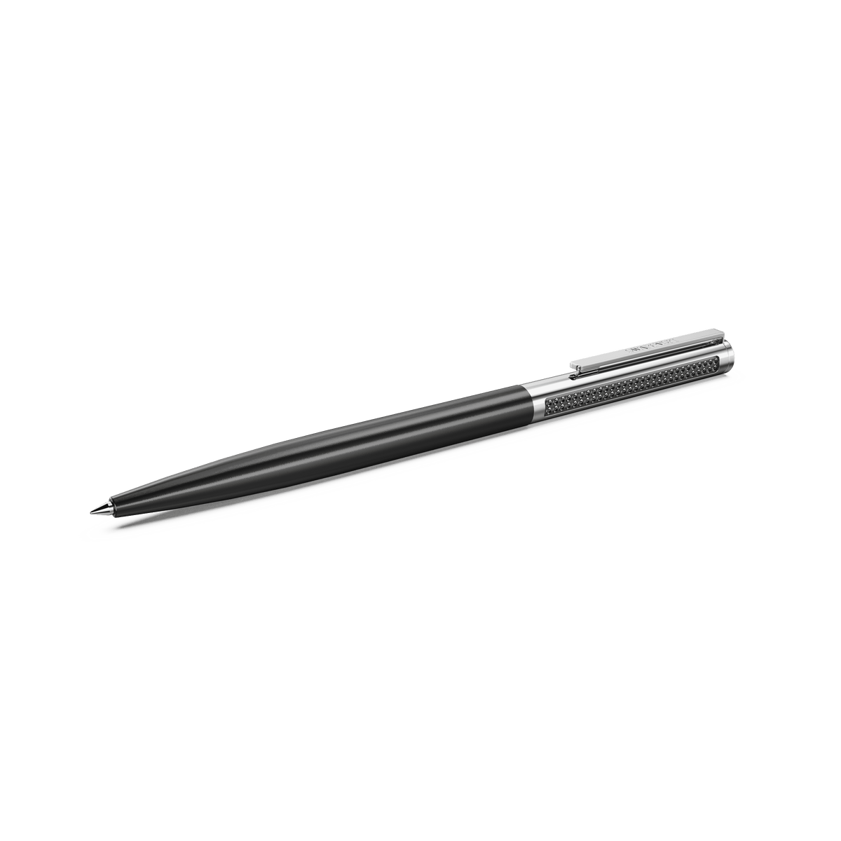 A Swarovski Matrix Tennis ballpoint pen, featuring a black lacquered finish and chrome-plated accents, rests diagonally on a white background.