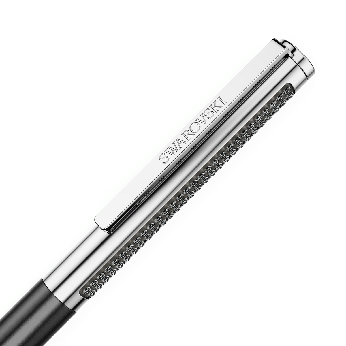 A close-up of the Swarovski Matrix Tennis ballpoint pen, featuring a sleek black lacquered barrel, a chrome-plated silver cap engraved with “SWAROVSKI,” and an elegant band of sparkling crystals along the side.