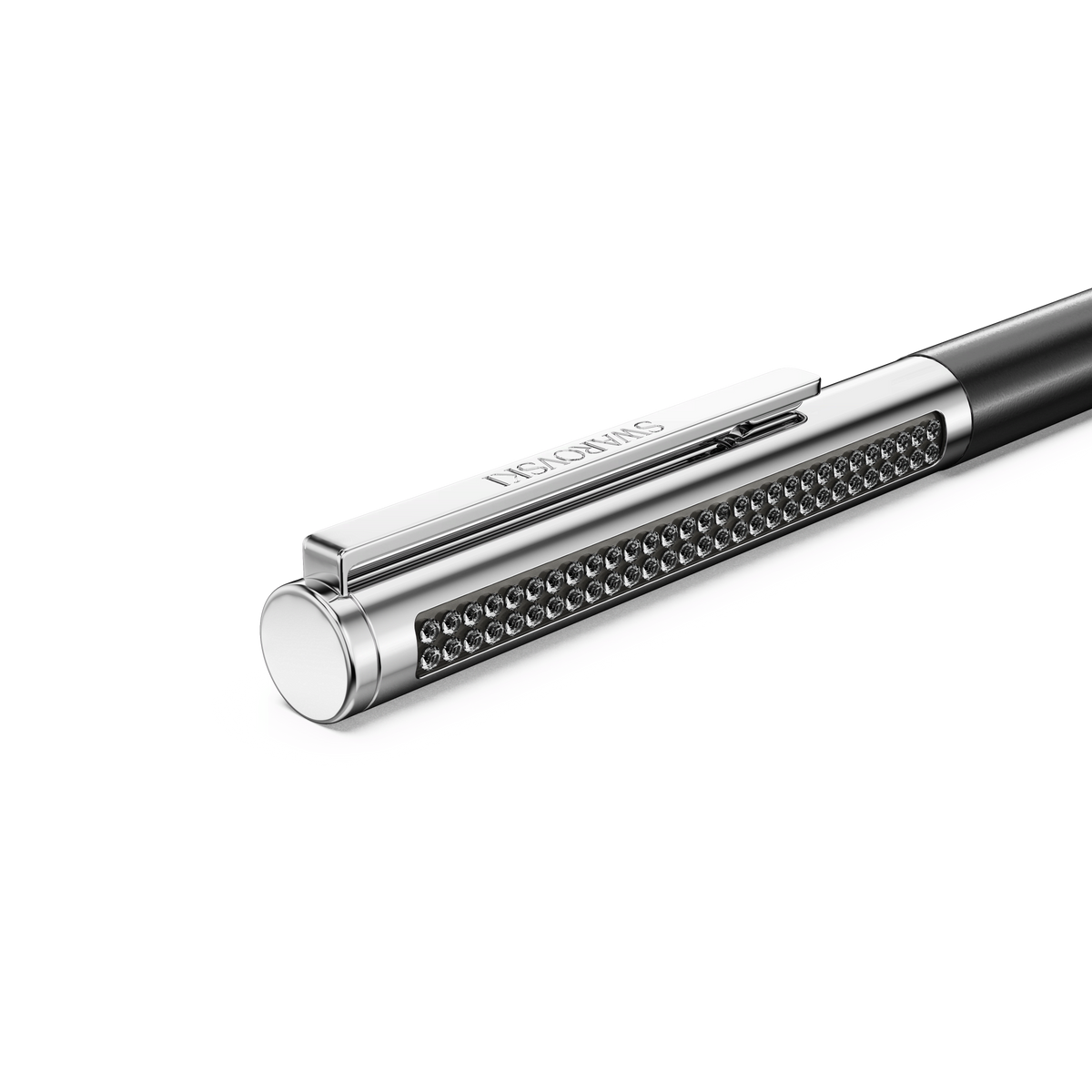 A close-up of the Swarovski Matrix Tennis ballpoint pen, featuring a sleek black lacquered finish, chrome-plated accents, and a row of shimmering embedded crystals.