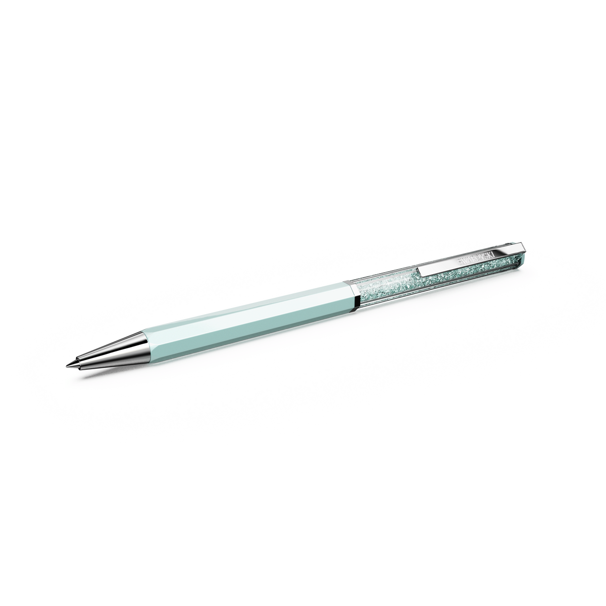 A Swarovski Crystalline ballpoint pen in blue lacquer with chrome-plated accents, featuring sparkling blue crystals and a metallic clip, is displayed on a plain white background.