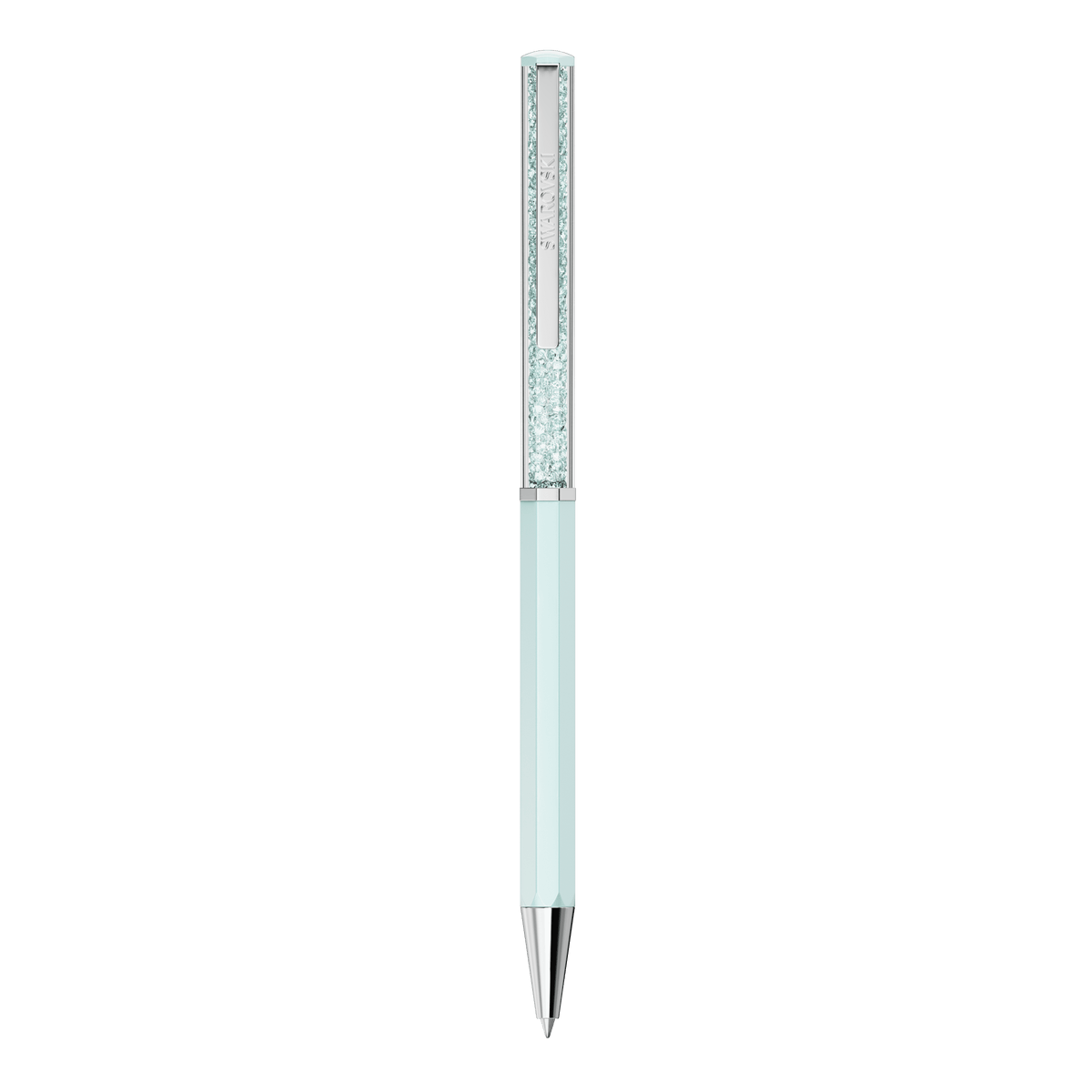 The Swarovski Crystalline ballpoint pen, featuring a blue lacquered finish and chrome-plated accents, showcases an octagonal design with a clear section near the top filled with sparkling blue crystals, and is displayed on a plain white background.