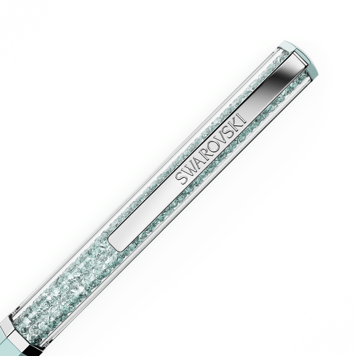 A close-up of the Swarovski Crystalline ballpoint pen showcases its chrome-plated clip adorned with clear and blue crystals and a silver metal plate engraved with “SWAROVSKI.” The elegant blue-lacquered pen is set at an angle against a white background, emphasizing its refined octagonal design.