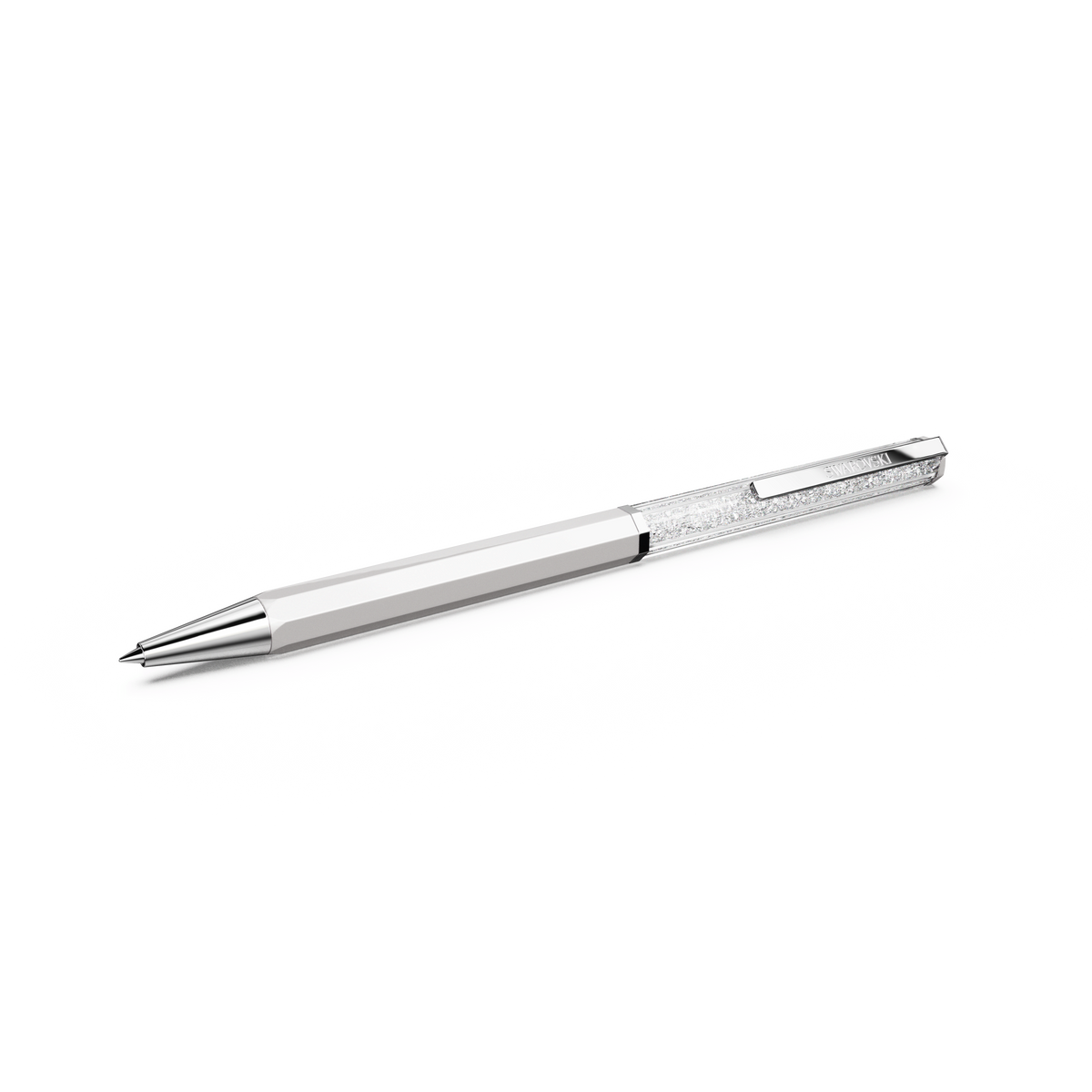 A Swarovski Crystalline ballpoint pen, featuring a white lacquered barrel and chrome-plated accents, rests diagonally on a plain white background, its refined octagonal silhouette adding an elegant touch to the design.