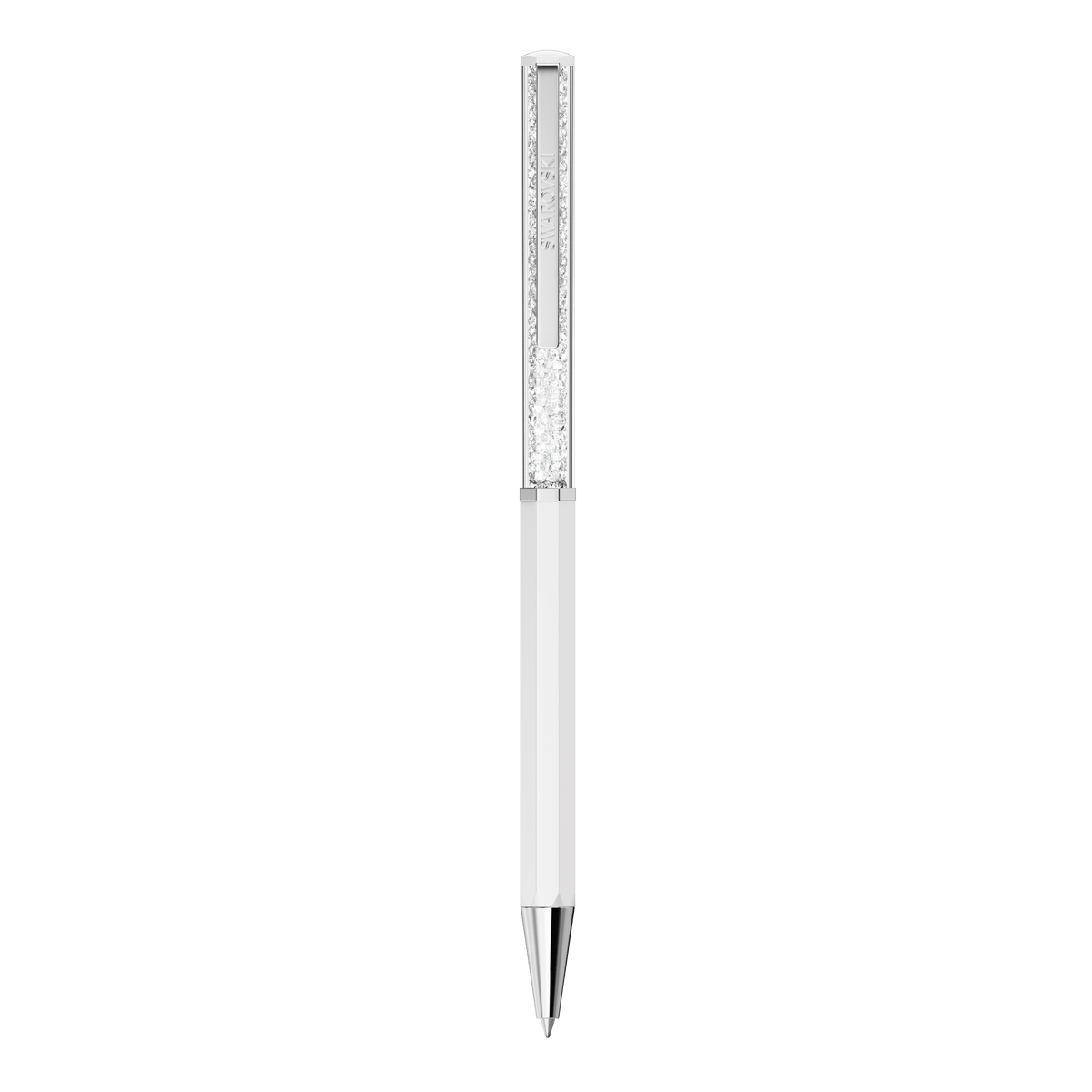 A Swarovski Crystalline ballpoint pen by Swarovski, featuring a white lacquered barrel with elegant octagon contours, a chrome-plated silver tip, and a transparent section near the top filled with small clear crystals crafted using the iconic Crystalline technique—all beautifully displayed against a plain white background.