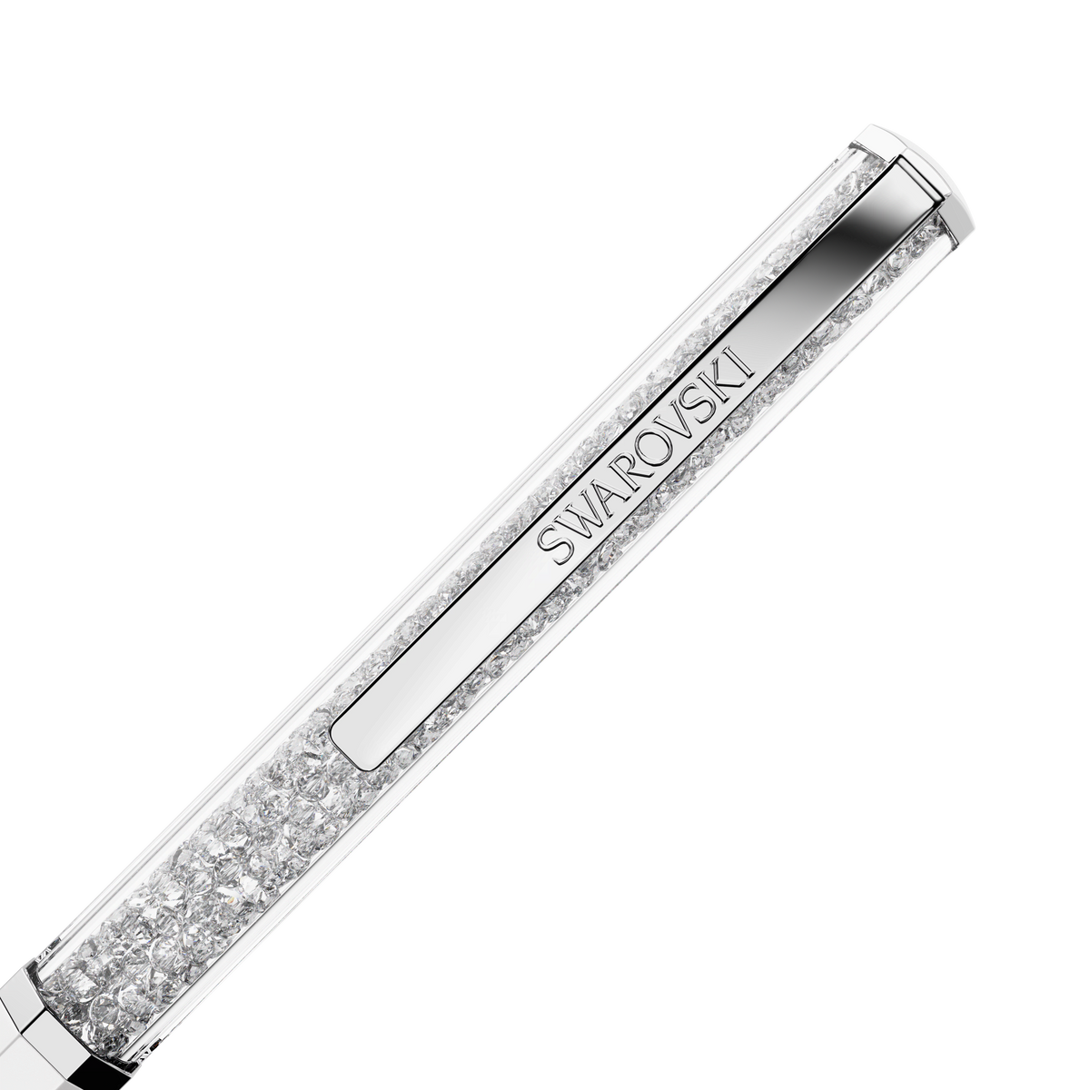 A close-up of the Swarovski Crystalline ballpoint pen, featuring white lacquered and chrome-plated details, embellished with clear crystals using the Crystalline technique and engraved with the “Swarovski” brand name on the clip.