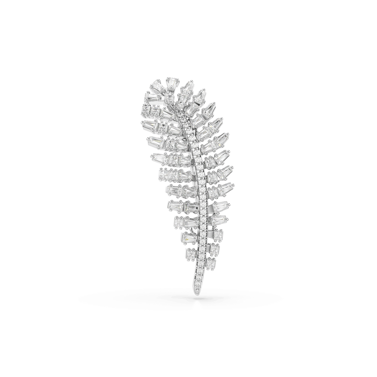 A feather-shaped brooch from the Swarovski Vienna Collection, crafted in rhodium-plated white metal and adorned with rows of mixed-cut Swarovski Zirconia, displayed against a plain white background.