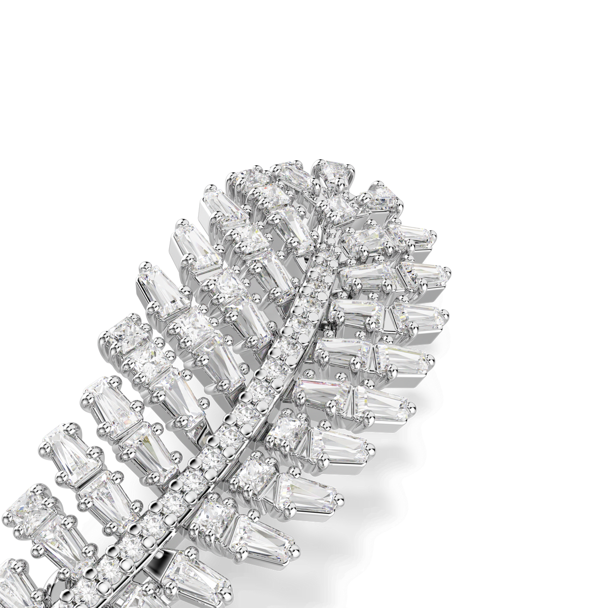 A close-up of the Swarovski Vienna brooch, expertly shaped like a graceful feather and rhodium plated, adorned with an array of mixed-cut, white Swarovski Zirconia gemstones, photographed against a plain white background.
