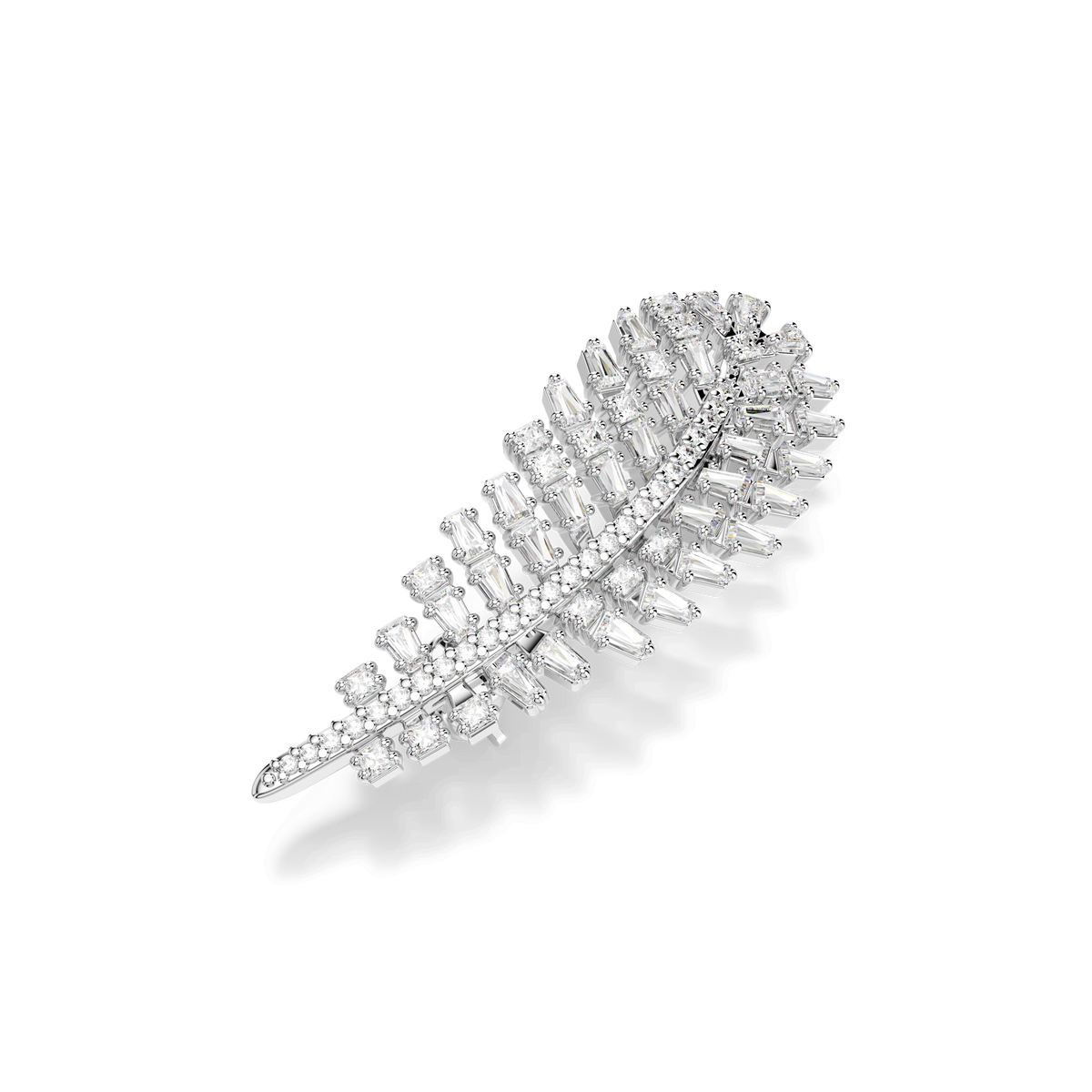 A sparkling Swarovski Vienna brooch, shaped like a delicate feather and adorned with mixed-cut clear stones, features rhodium plating and a white hue, set against a plain white background.