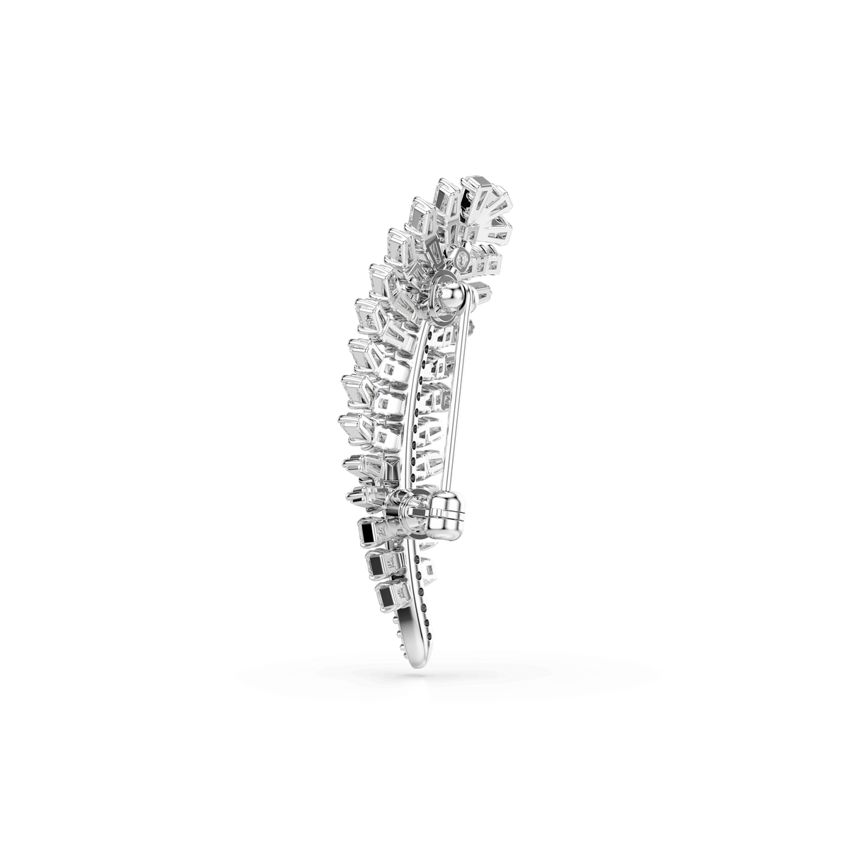 A close-up side view of the Swarovski Vienna brooch, featuring a feather motif crafted in rhodium-plated metal and adorned with mixed-cut white Swarovski Zirconia gemstones, showcased against a plain white background.