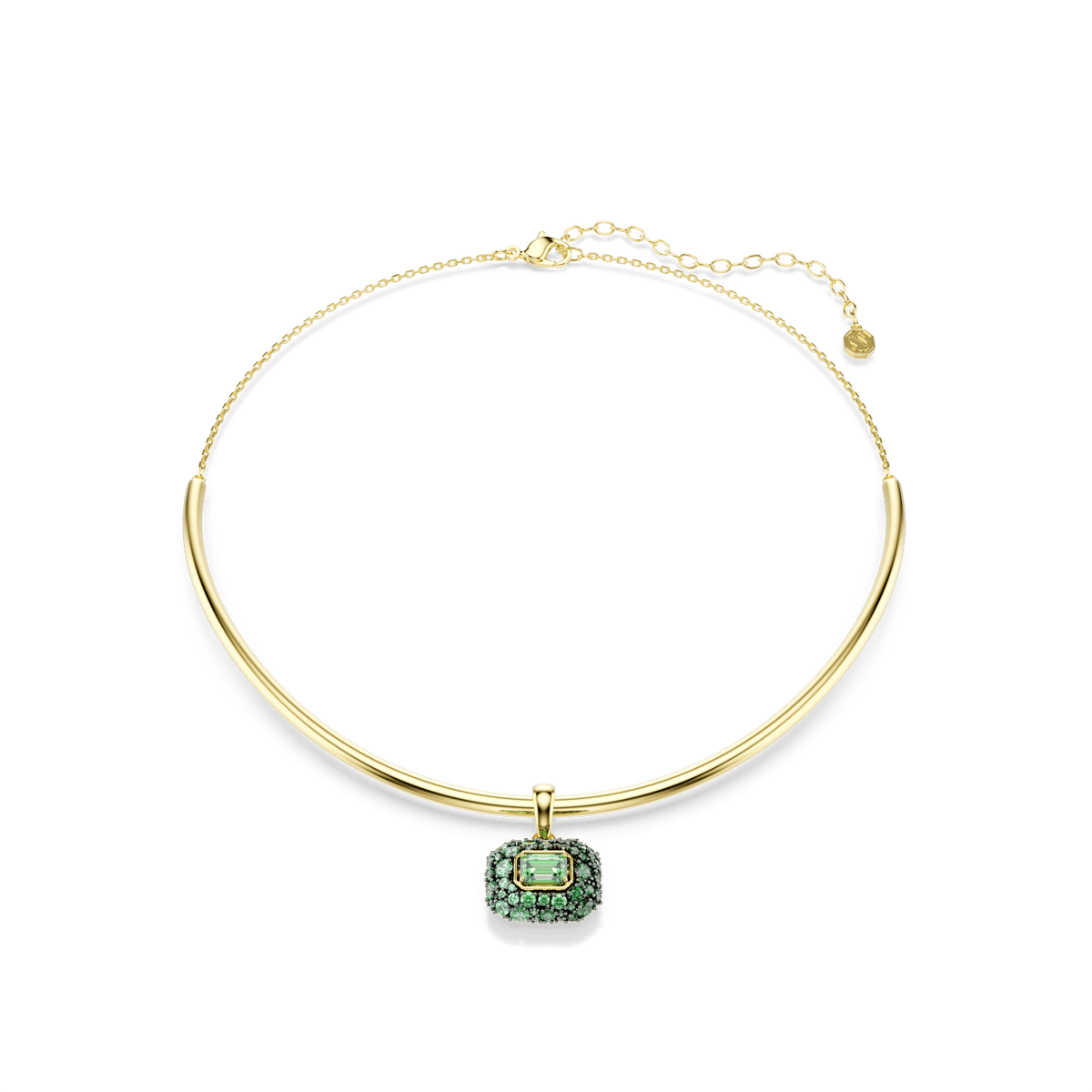 Swarovski Sublima choker: An elegant 18K gold finish necklace from Swarovski, featuring an octagon-cut green centerpiece surrounded by smaller green stones and an adjustable chain, perfect for those who love distinctive green jewelry.