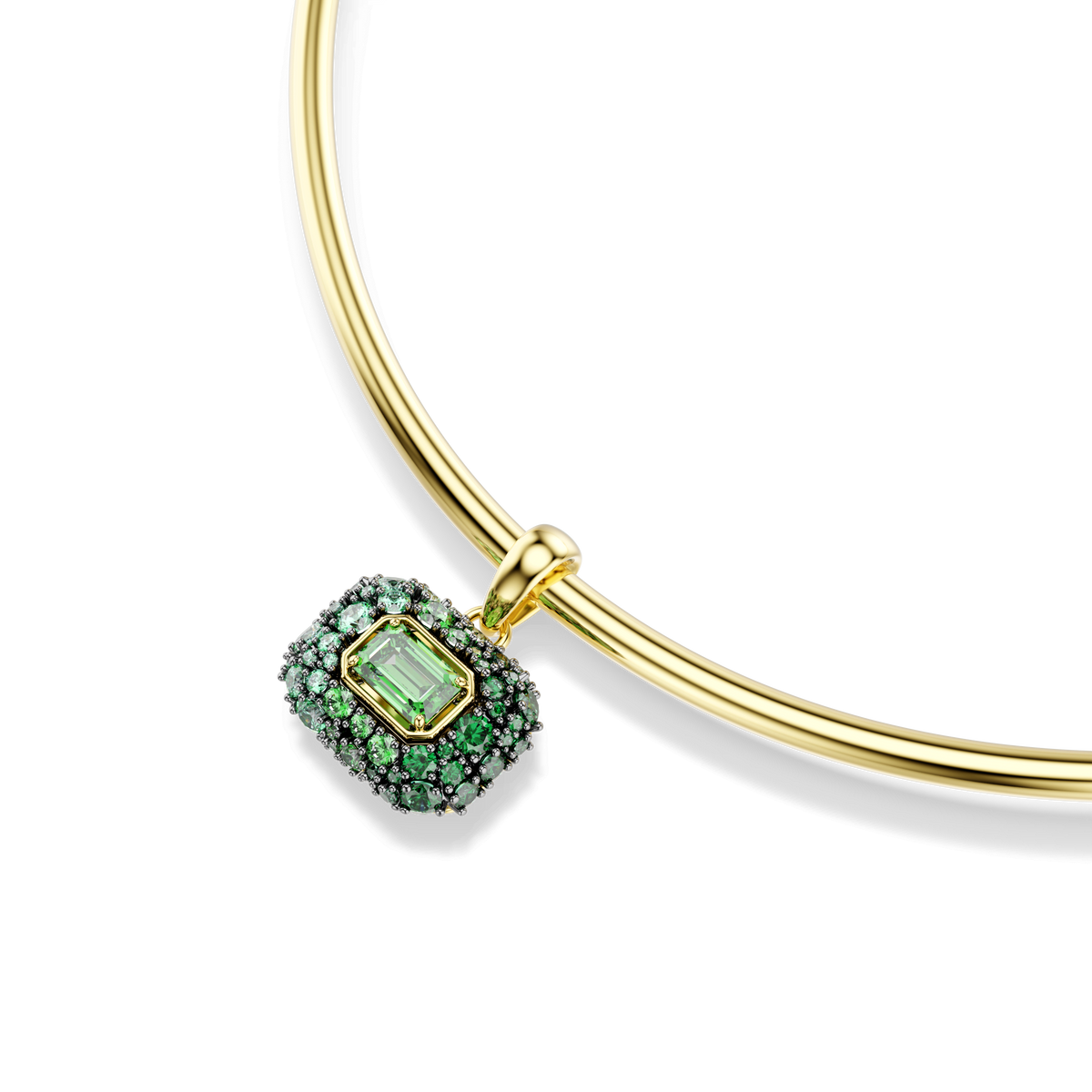 The Swarovski Sublima choker features a striking octagon-cut green gemstone pendant, surrounded by smaller green stones in an ornate frame and finished with 18K gold, making this elegant necklace a stunning example of green jewelry.