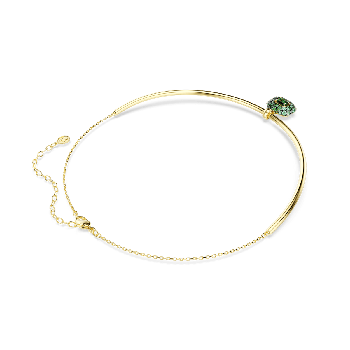 The Swarovski Sublima choker is a delicate necklace featuring an 18K gold finish, a fine chain with a curved metal band, and an octagon-cut green crystal accent on one side. This elegant Swarovski piece adds a subtle hint of green to any ensemble.