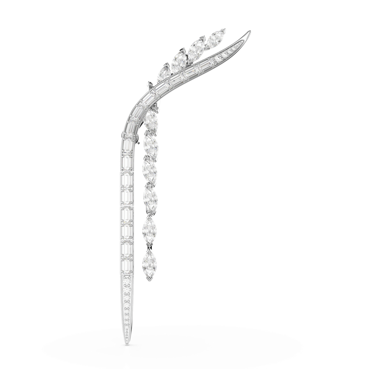 A striking Swarovski Mesmera brooch in rhodium-plated white, featuring a mix of dazzling cuts set against a plain white background—an exquisite accessory by Swarovski that radiates elegance and sophistication.