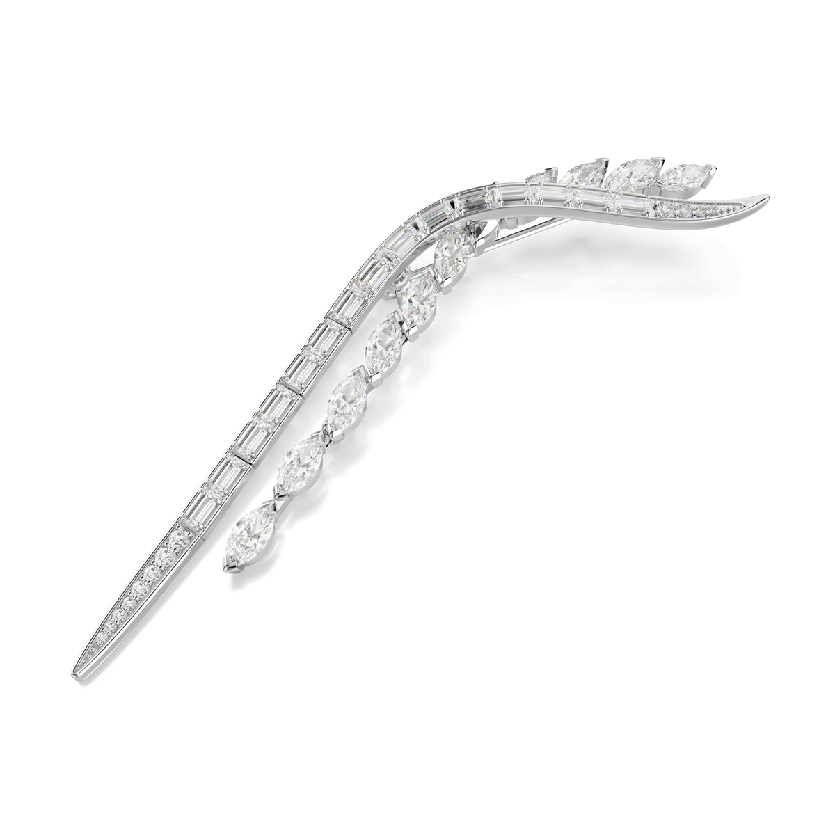 Introducing the Swarovski Mesmera brooch by Swarovski—a striking jewelry piece crafted with a branch-inspired, curved silhouette and adorned with mixed cuts of clear white Swarovski Zirconia gemstones. Finished in radiant rhodium plating, this brooch is designed to add refined elegance and eye-catching brilliance to any ensemble.