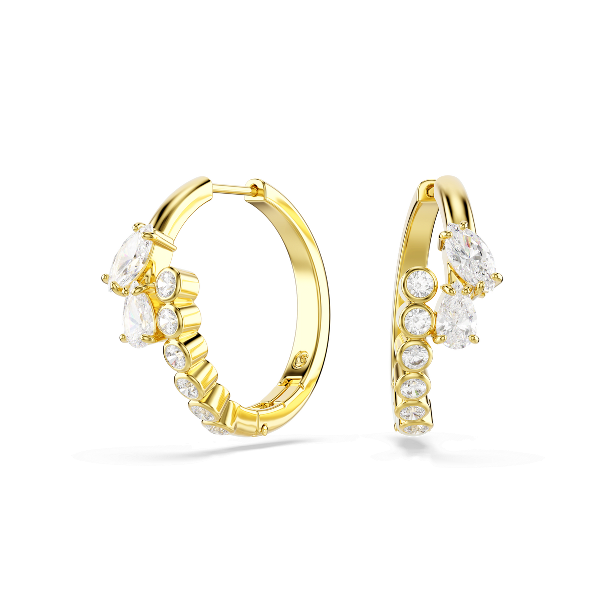 A pair of Swarovski Mesmera hoop earrings by Swarovski, crafted with an 18K gold finish and featuring a striking cluster of mixed-cut white Swarovski Zirconia gemstones—both round and marquise cuts—arranged along the lower half of each contemporary gold hoop, showcased against a plain white background.