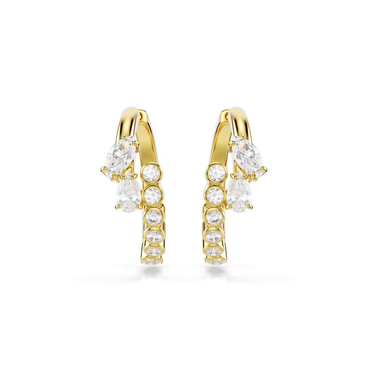 The Swarovski Mesmera hoop earrings by Swarovski are contemporary hoops crafted with an 18K gold finish, showcasing a row of round white gemstones and adorned with three teardrop-shaped clear Swarovski Zirconia on each, all set against a plain white background.