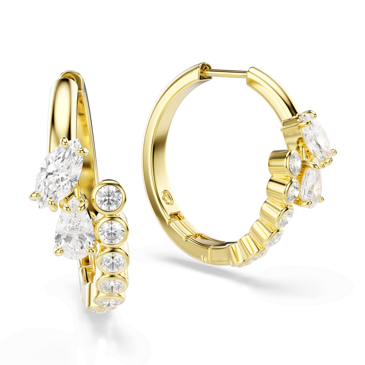 Swarovski Mesmera hoop earrings by Swarovski, featuring six round and one marquise-cut white Swarovski Zirconia gemstones in each earring, finished in 18K gold. Shown on a white background with both front and side views, these contemporary earrings blend timeless elegance with modern brilliance.