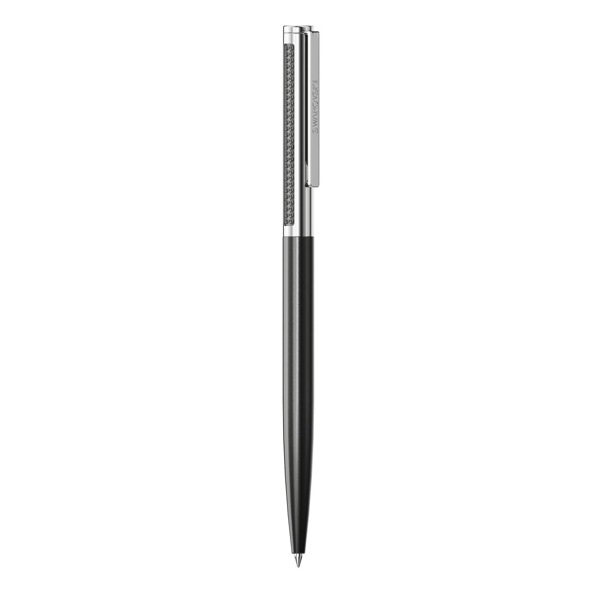 The Swarovski Matrix Tennis ballpoint pen, featuring black lacquer and chrome-plated accents, stands vertically against a plain white background, showcasing its textured grip and shiny metal clip.