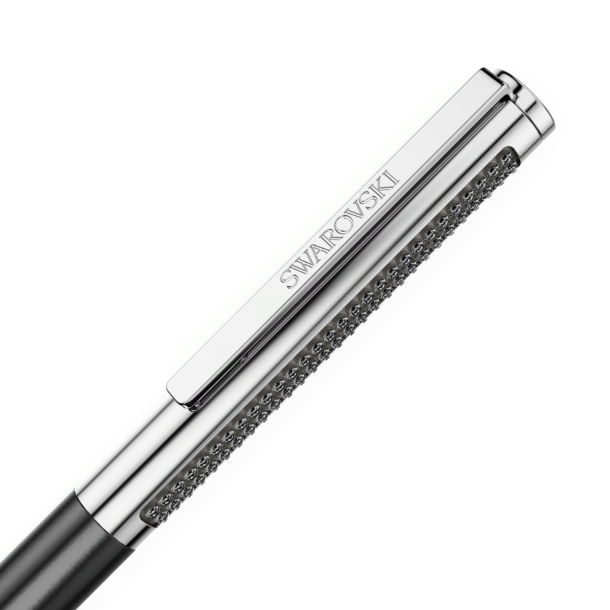 A close-up of the Swarovski Matrix Tennis ballpoint pen, Black lacquered and Chrome plated, showcasing a silver cap engraved with the Swarovski logo and adorned with sparkling black crystals along the side.