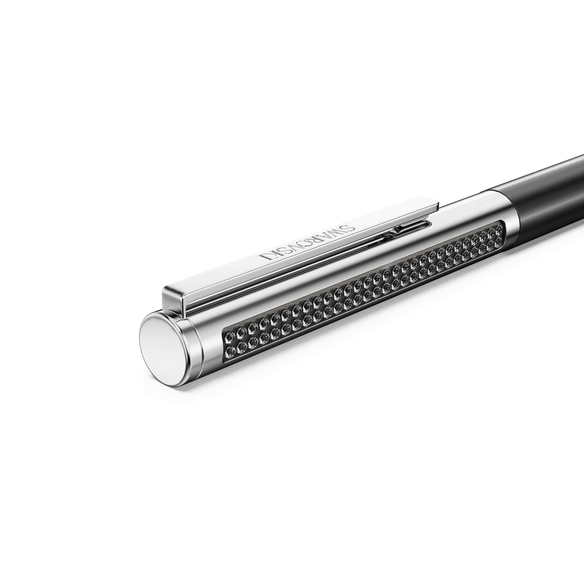 A close-up of the Swarovski Matrix Tennis ballpoint pen, featuring a sleek black lacquered barrel and chrome-plated accents, with a shiny clip engraved with “Swarovski” and a line of metallic details along the side, placed on a plain white background.