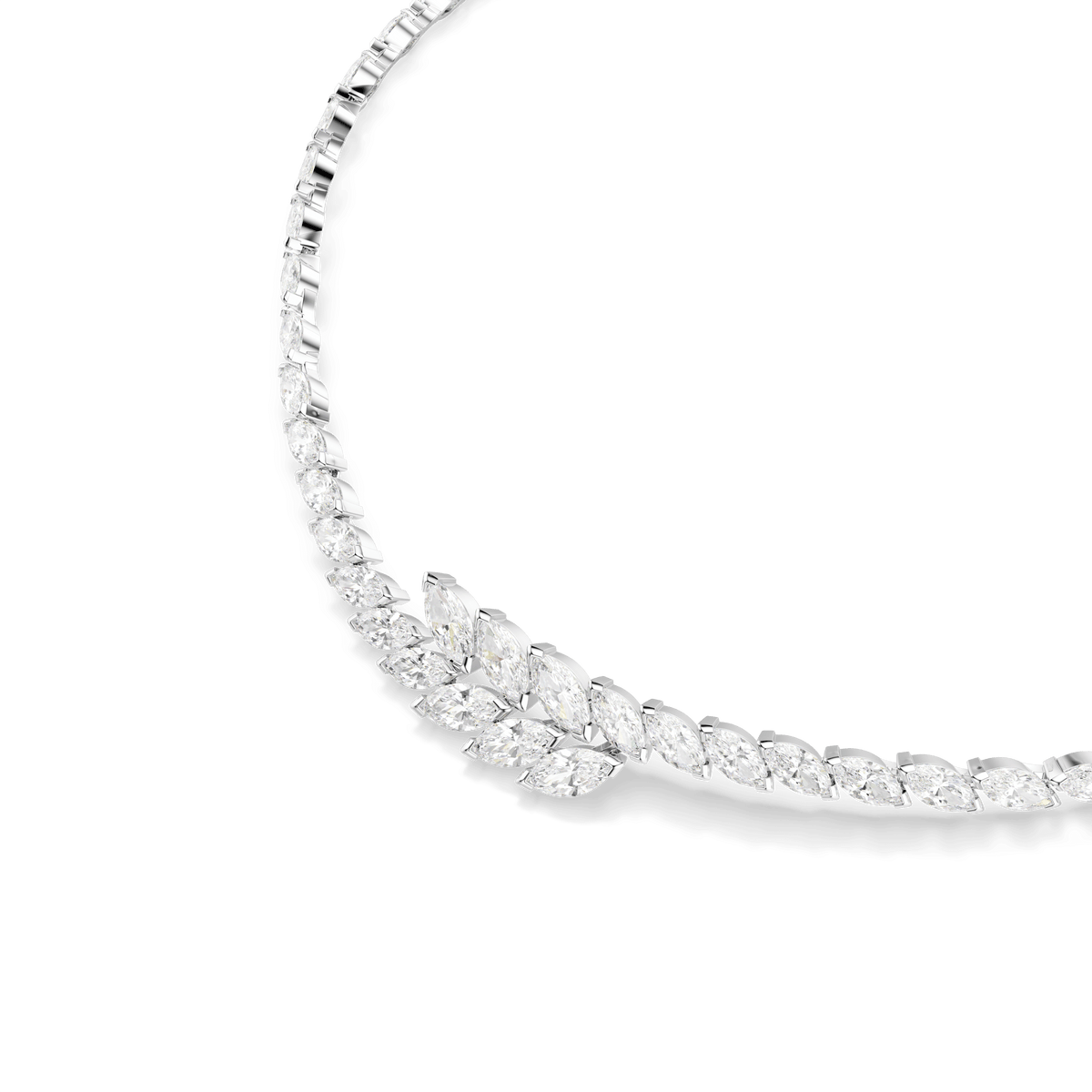Swarovski Mesmera set—a rhodium plated jewelry set featuring sparkling marquise cut white stones in a graceful, leaf-inspired pattern, elegantly displayed against a plain white background; an exquisite selection from Swarovski for holiday gifting or to complete your Mesmera collection.