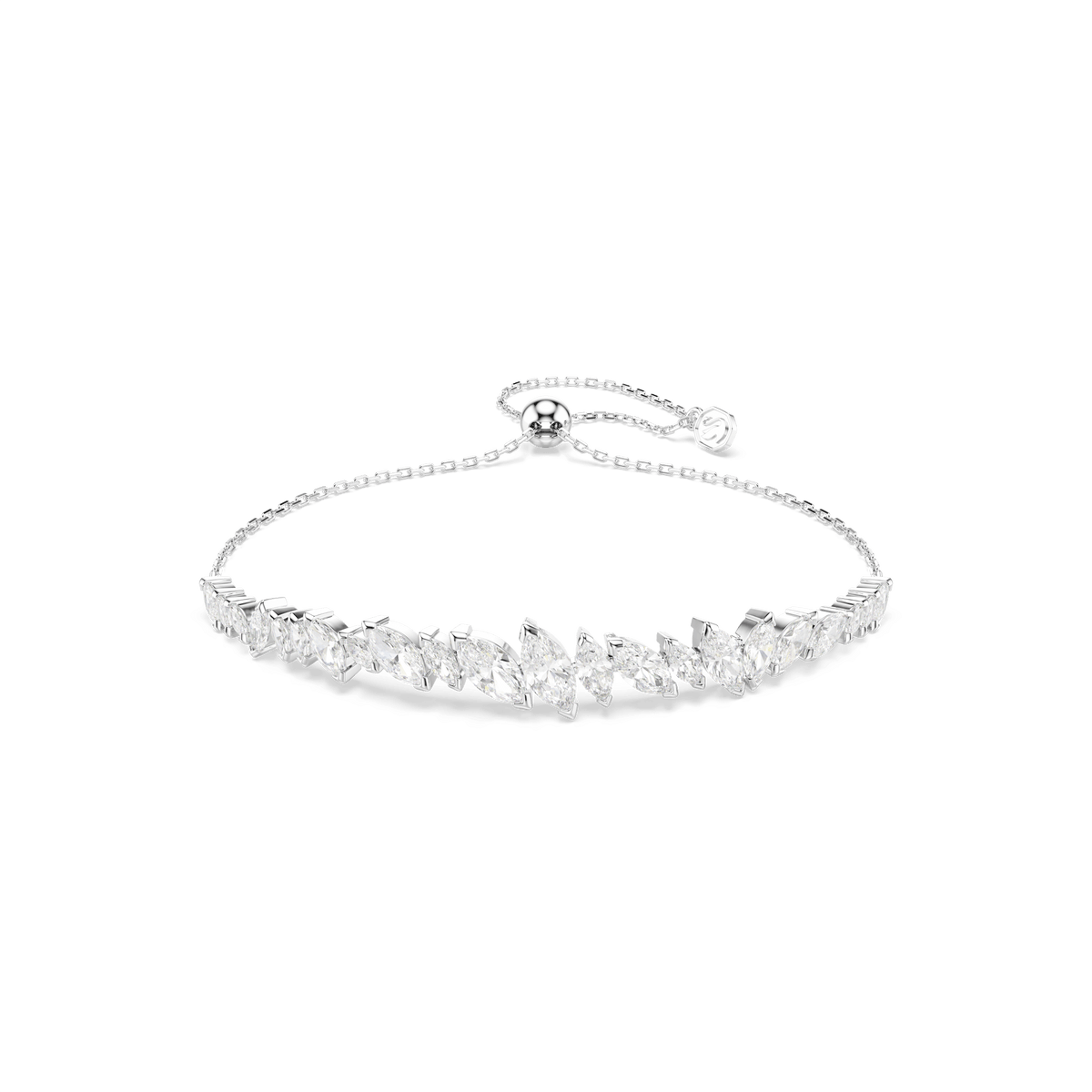 The Swarovski Mesmera bracelet in white, crafted with a rhodium plated chain, showcases a row of sparkling marquise-cut Swarovski Zirconia arranged in a symmetrical design.