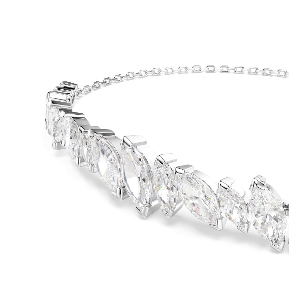 A close-up of the Swarovski Mesmera bracelet, featuring marquise-cut white stones set in a row on a rhodium plated chain, displayed against a white background.