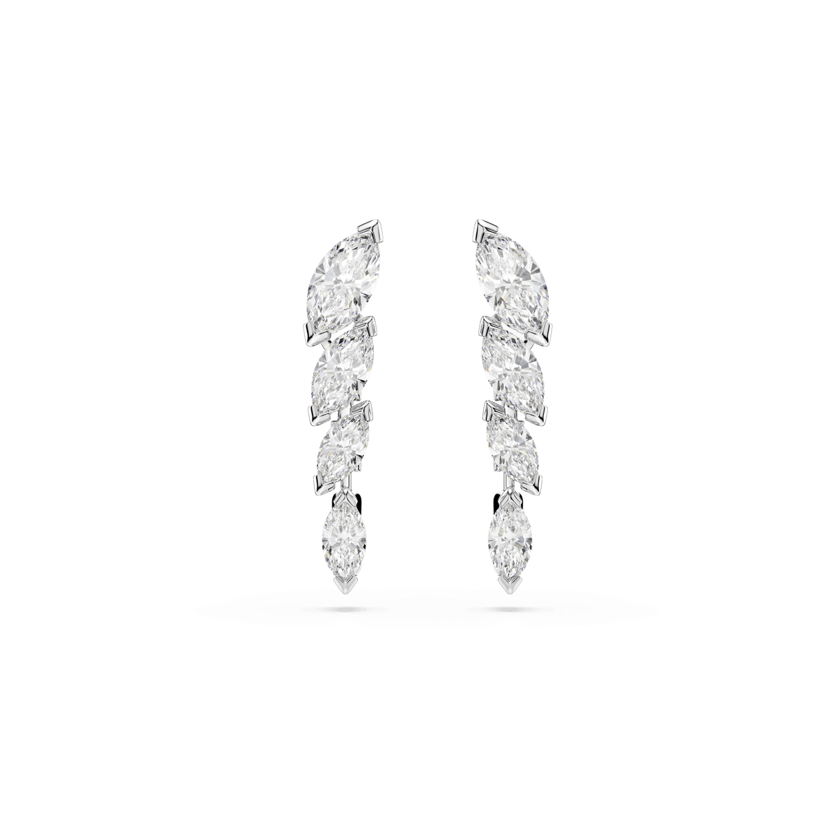 Introducing the Swarovski Mesmera earrings by Swarovski: a pair of elegant earrings crafted with five marquise-cut white Swarovski Zirconia gemstones arranged in a gently curved, vertical line on each rhodium-plated earring. Shown against a plain white background, these sophisticated earrings are an effortlessly eye-catching addition to any jewelry collection.