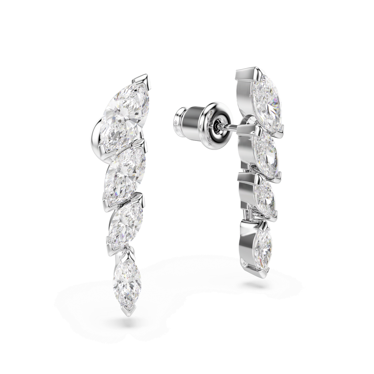 The Swarovski Mesmera earrings by Swarovski feature four marquise-cut white Swarovski Zirconia arranged in a vertical line, elegantly crafted with rhodium plating for a dazzling and eye-catching look against a white background.