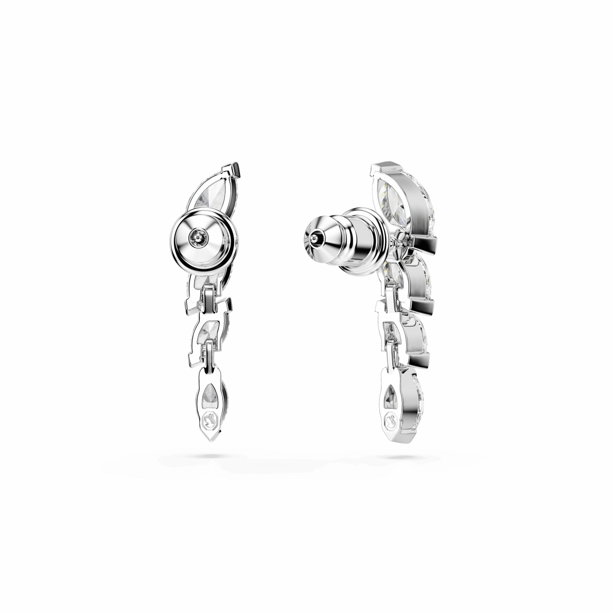 Two elegant Swarovski Mesmera earrings, featuring a marquise cut and crafted in rhodium-plated metal with sparkling white stones, are displayed against a plain white background—one shown from the front and one from the side. These delicate Swarovski earrings exemplify eye-catching jewelry, perfect for elevating any look.