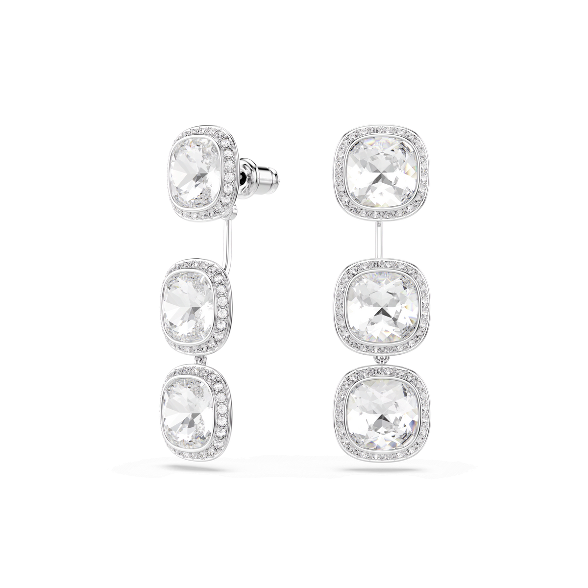 Swarovski Una Angelic stud earrings featuring cushion-cut white stones set in 18K gold finish, each encircled by dazzling halos of sparkling accents, displayed on a white background. These contemporary earrings from Swarovski seamlessly combine timeless elegance with modern sophistication.