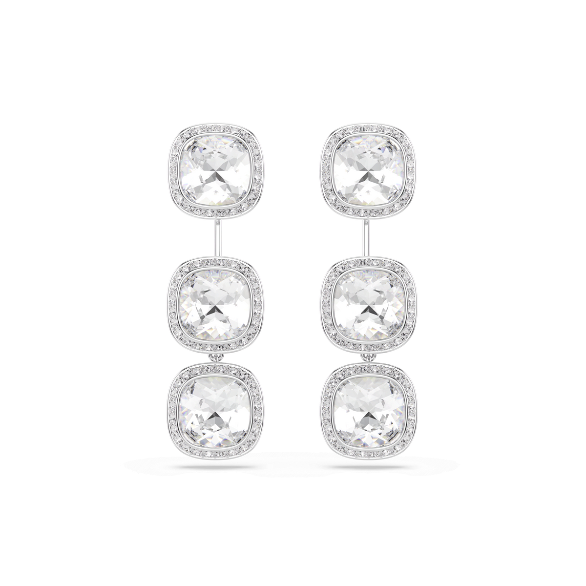 A pair of Swarovski Una Angelic stud earrings in a refined 18K gold finish, each showcasing cushion-cut white gemstones encircled by sparkling halos of smaller stones, arranged for an elegant look, displayed on a white background.
