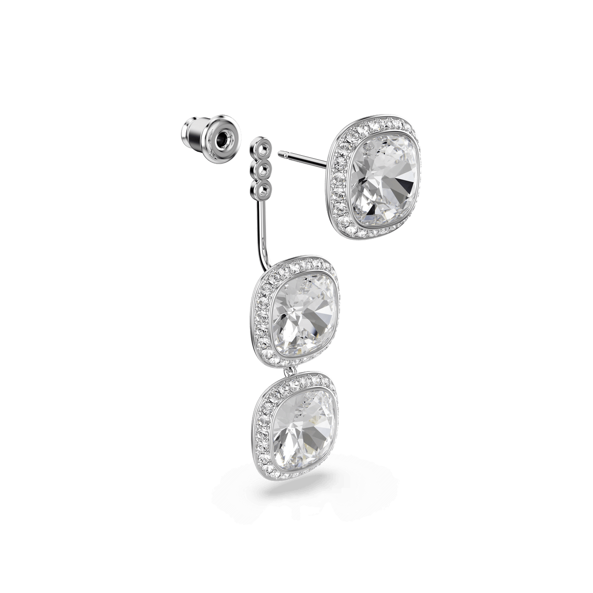 Showcased against a white background, the Swarovski Una Angelic stud earrings feature three large cushion-cut white stones, each encircled by radiant halos of smaller clear crystals and arranged in an elegant vertical drop design. Finished in 18K gold, these earrings exemplify the timeless allure of the iconic cushion silhouette from Swarovski’s Una Angelic collection.