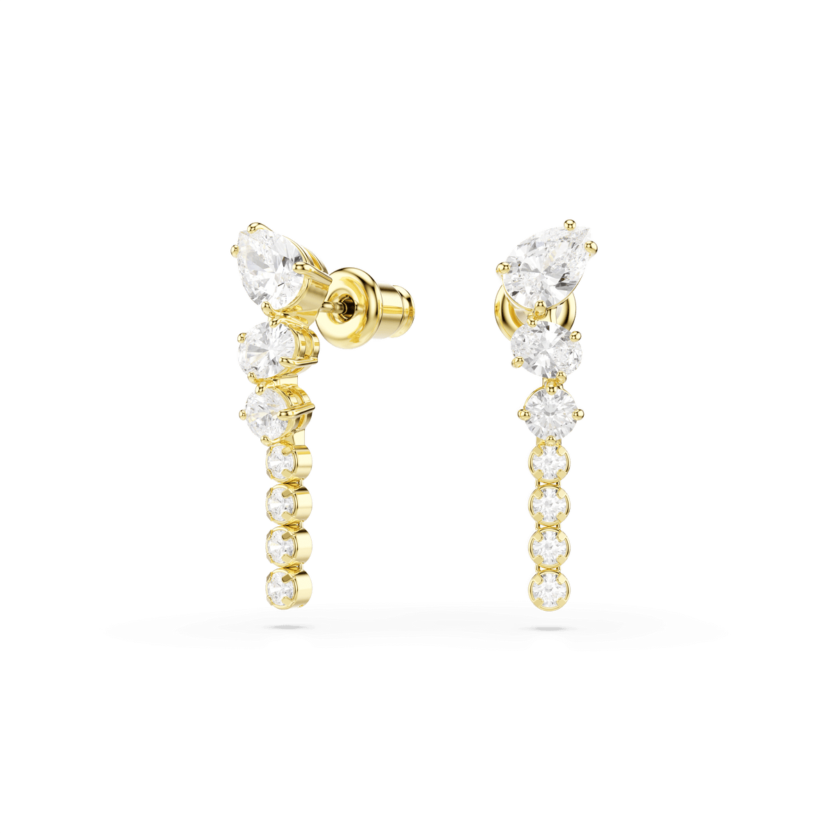 The Swarovski Mesmera drop earrings by Swarovski feature a striking vertical row of mixed-cut white stones that gradually increase in size from top to bottom. Finished in elegant 18K gold, these dazzling cup chain style earrings are statement jewelry pieces that exude brilliance and sophistication, beautifully displayed against a plain white background.