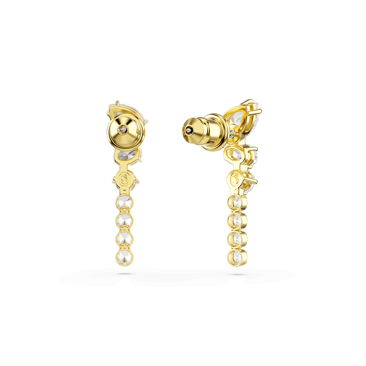Swarovski Mesmera drop earrings, featuring mixed-cut white stones in a dazzling dangling cup chain style with an 18K gold finish; shown in front and back views against a white background. These statement pieces by Swarovski shine brilliantly, making them perfect for elevating any ensemble.