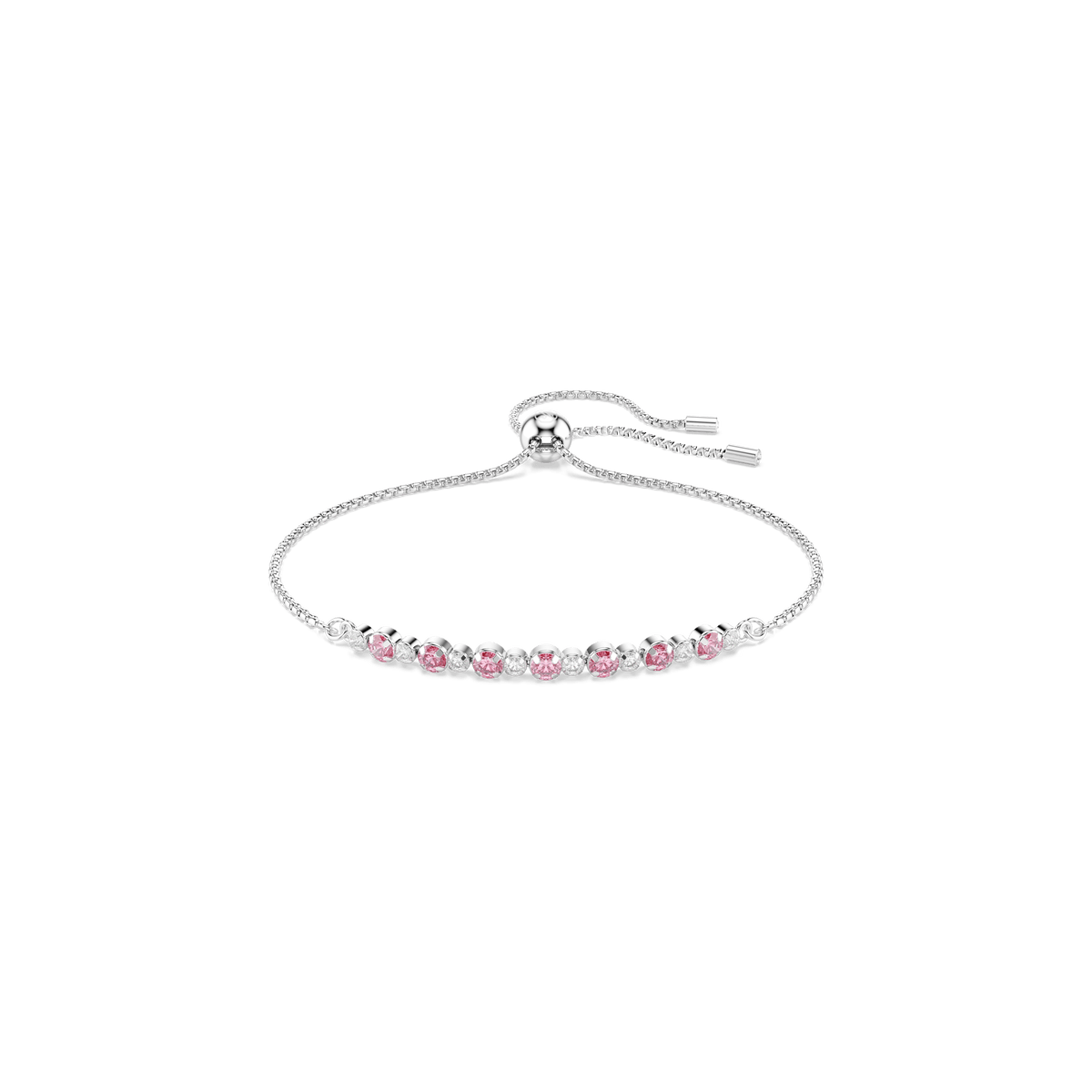 Introducing the Swarovski Matrix bracelet: a delicate, rhodium-plated accessory featuring alternating round-cut pink and clear Swarovski Zirconia gemstones in an elegant DNA-inspired design. This adjustable Swarovski bracelet offers a minimalist look with its sliding clasp, showcased beautifully against a white background.