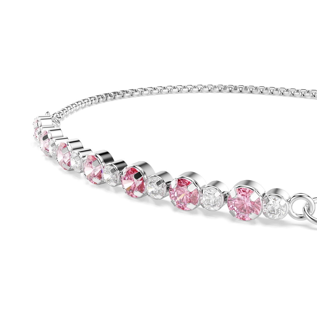 A Swarovski Matrix bracelet featuring round pink Swarovski stones set in rhodium plating, displayed against a plain white background.