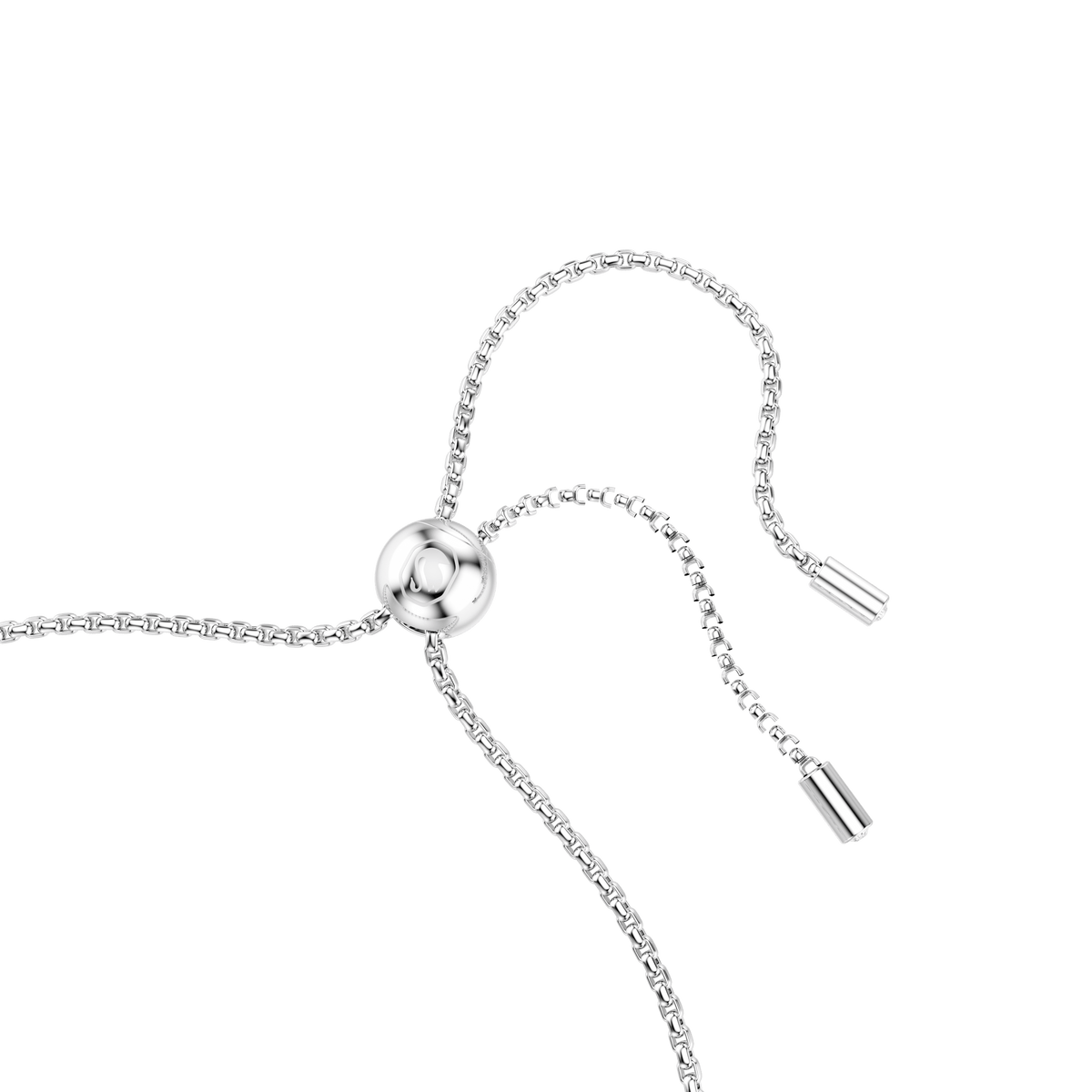 A close-up of the Swarovski Matrix bracelet by Swarovski, showcasing its round-cut pink stones and rhodium-plated adjustable box chain with a sliding clasp and two cylindrical end caps, set against a plain white background.