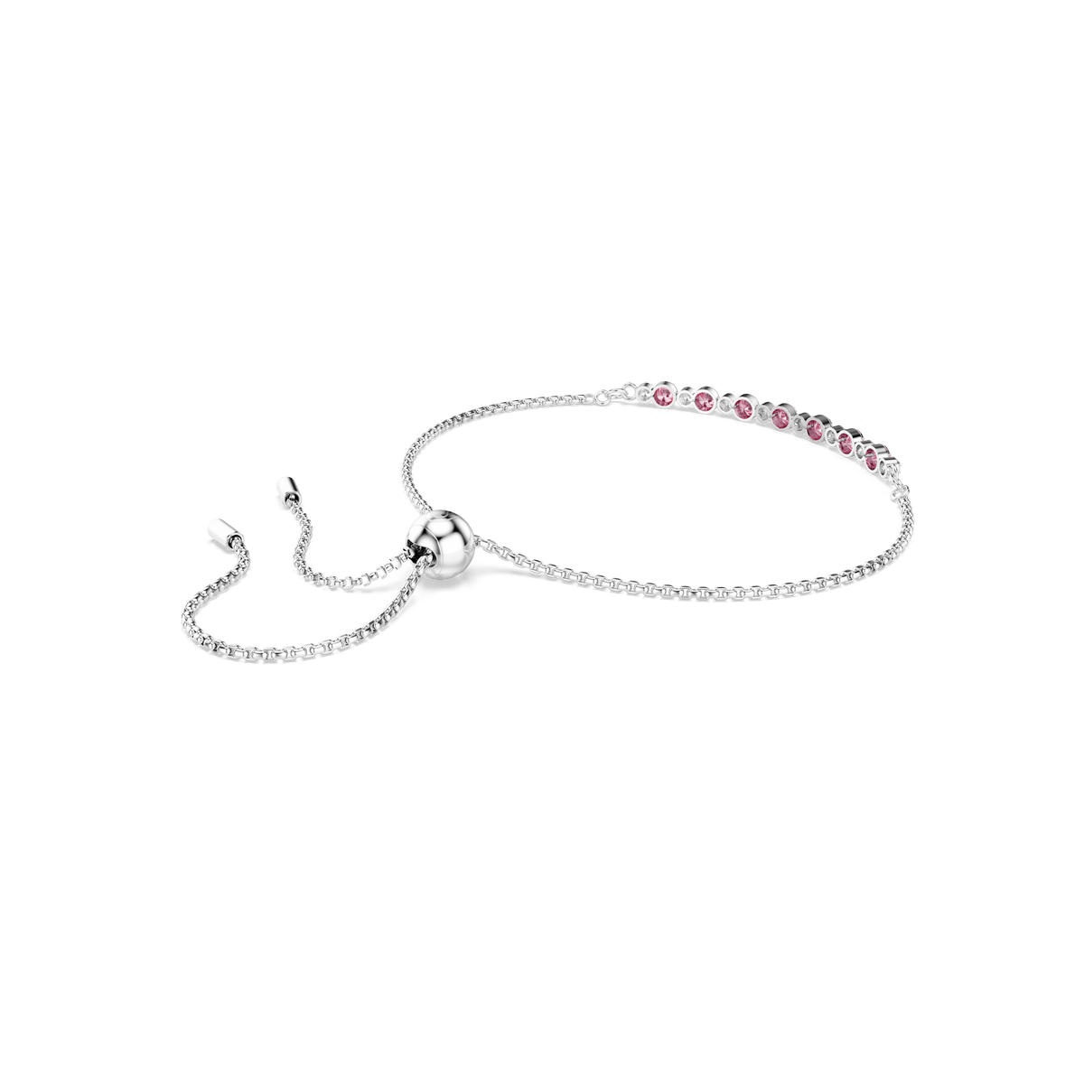 Introducing the Swarovski Matrix bracelet: a refined rhodium-plated chain adorned with round-cut pink and clear Swarovski Zirconia, featuring an elegant DNA-inspired curved bar and an adjustable sliding clasp, crafted by Swarovski.