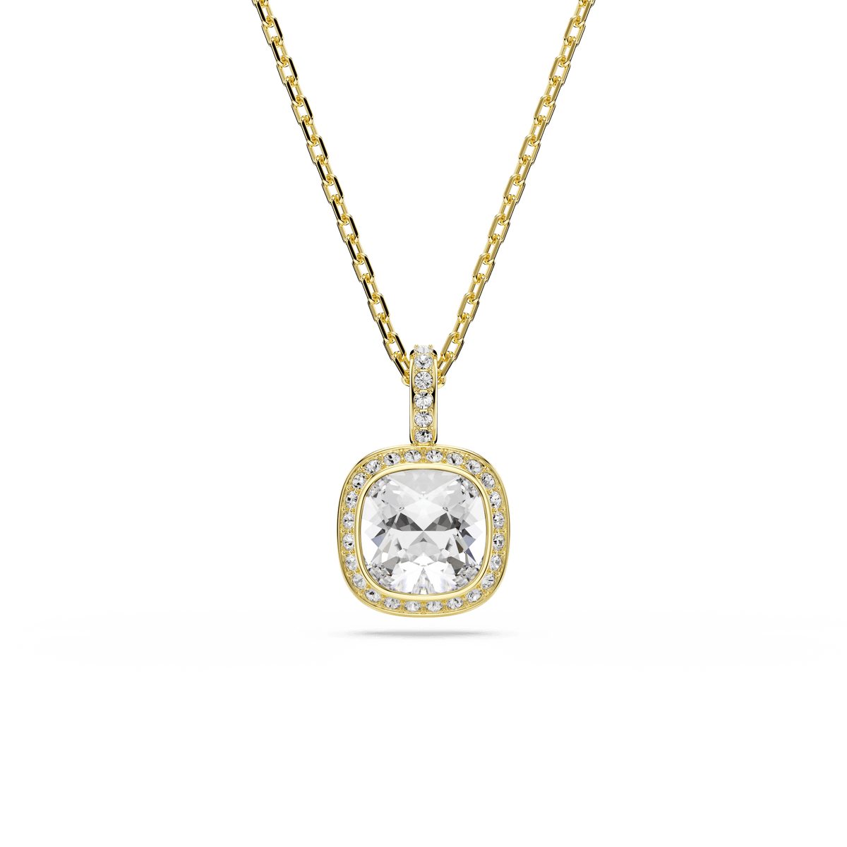The Swarovski Una Angelic pendant features a cushion-cut central white stone, surrounded by sparkling halos of smaller clear crystals, all set on an 18K gold-finished chain and displayed against a plain white background.