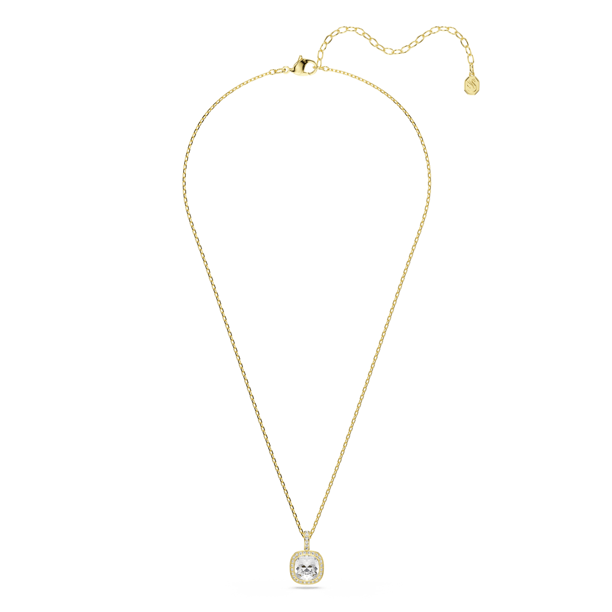 The Swarovski Una Angelic pendant showcases a cushion-cut, white gemstone set in a simple 18K gold finish, suspended from a fine adjustable chain—an elegant piece by Swarovski that beautifully embodies the essence of modern jewelry.