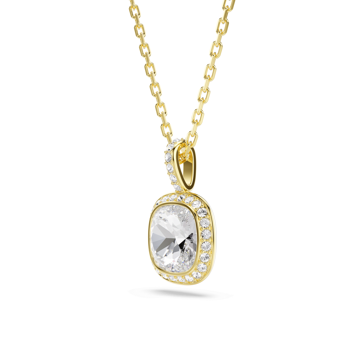 The Swarovski Una Angelic pendant showcases a cushion-cut white stone, elegantly encircled by sparkling halos of smaller stones and set in an 18K gold finish—an exquisite modern piece from Swarovski.