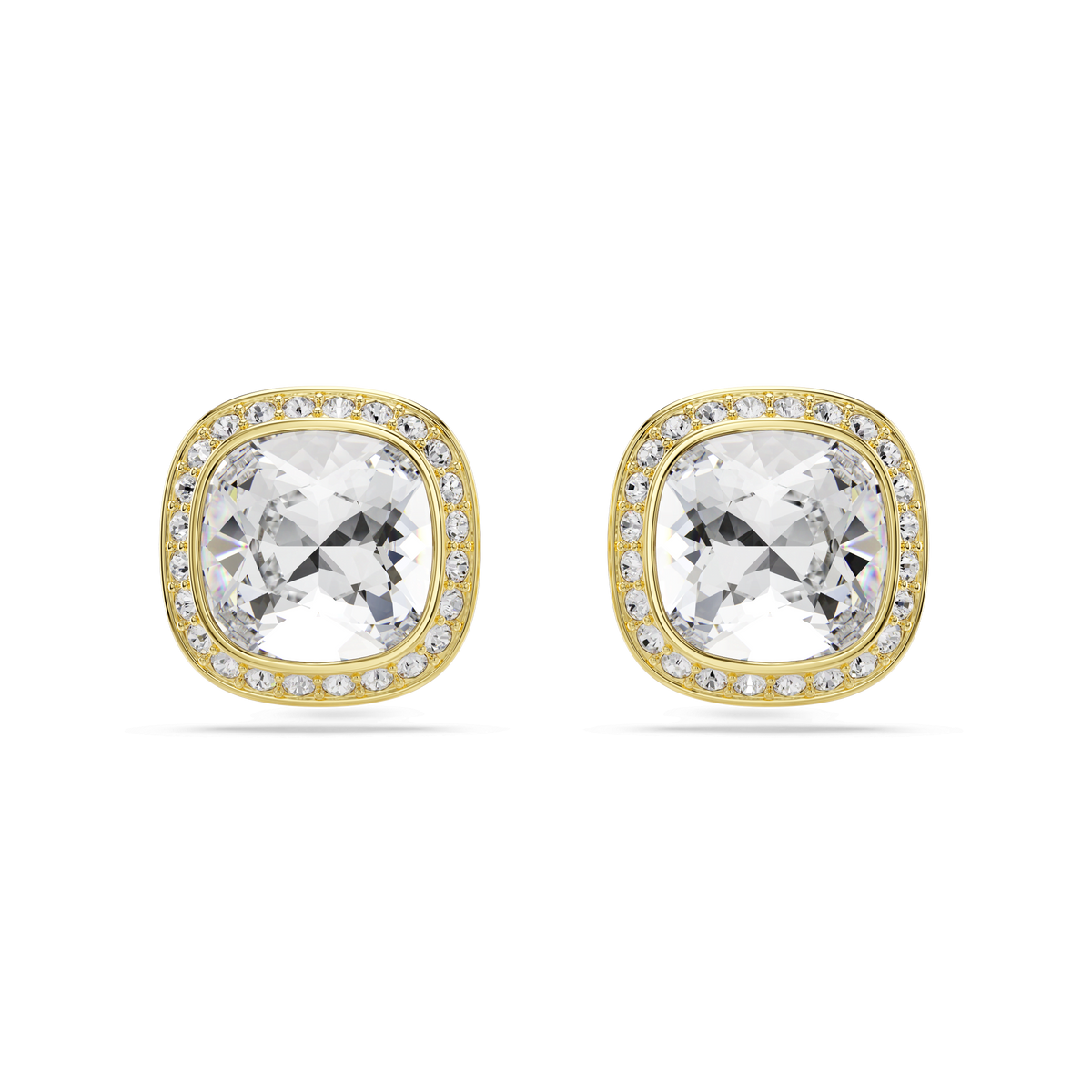 A pair of Swarovski Una Angelic stud earrings, featuring cushion-cut white stones surrounded by sparkling round accents and finished in 18K gold, displayed on a plain white background.