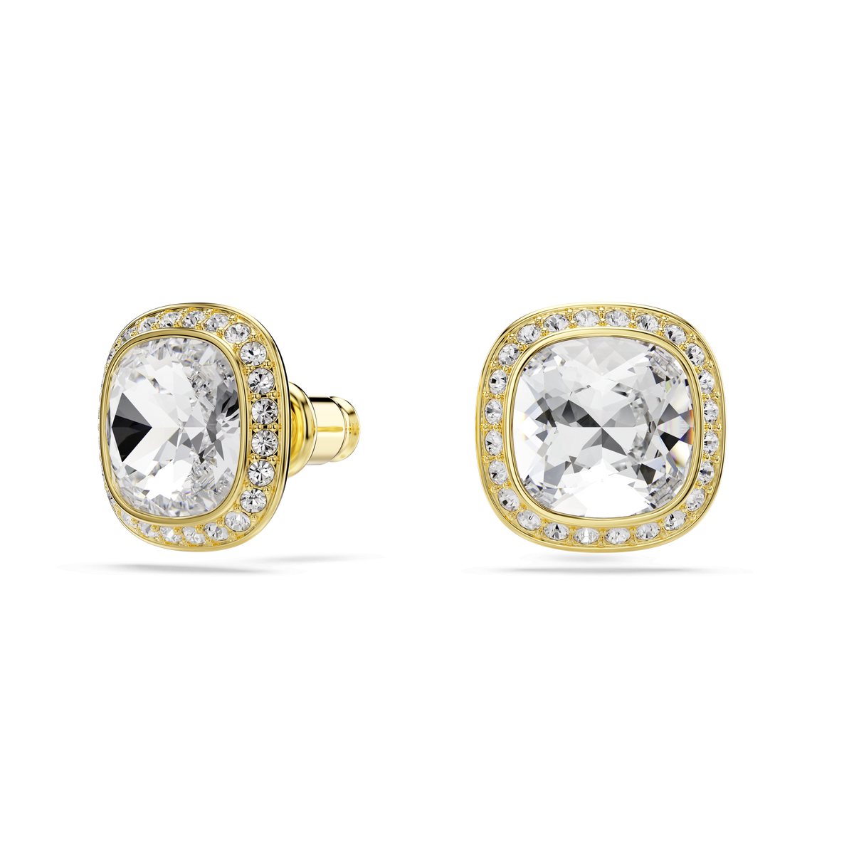Introducing the Swarovski Una Angelic stud earrings: a pair of cushion-cut, white gemstones set in 18K gold finish, each surrounded by a brilliant halo of sparkling stones. These elegant studs by Swarovski are displayed against a pristine white background.
