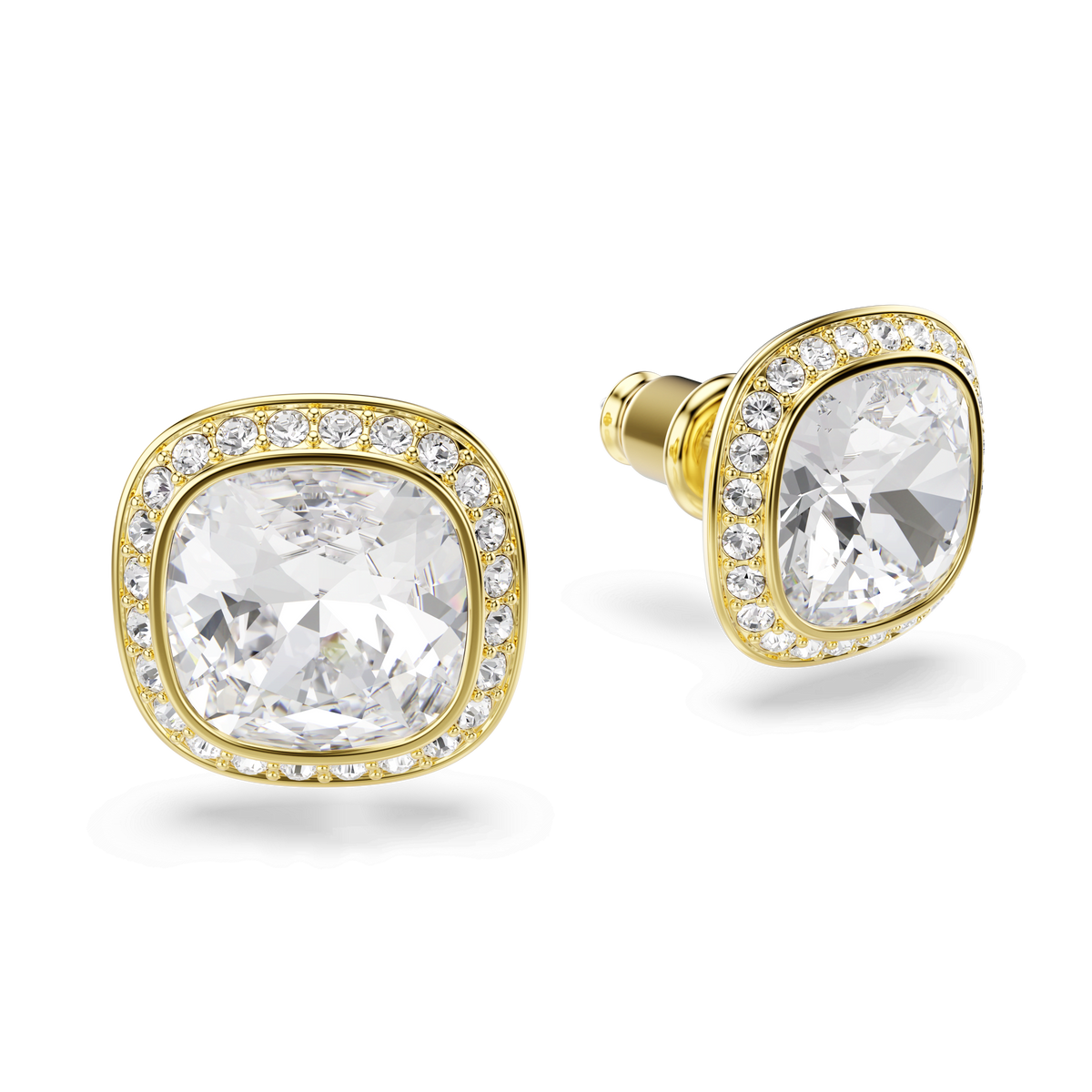 A pair of Swarovski Una Angelic stud earrings in an 18K gold finish, featuring cushion-cut white stones surrounded by sparkling halos, displayed on a white background.