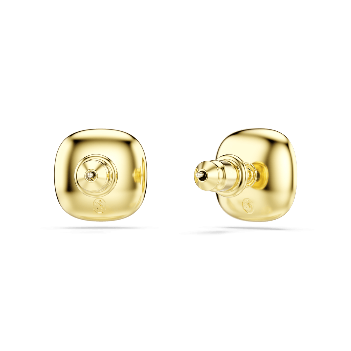 A pair of Swarovski Una Angelic stud earrings, featuring cushion-cut white stones and an 18K gold finish, is displayed against a plain white background. One earring showcases the front view, while the other is positioned to reveal the side and post, highlighting their modern elegance.